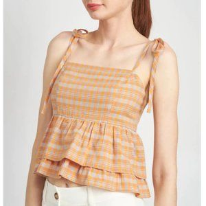 🏷️NWT Kestan Judith Ruffle Top In Muted Orange/Blue Gingham - Size Medium